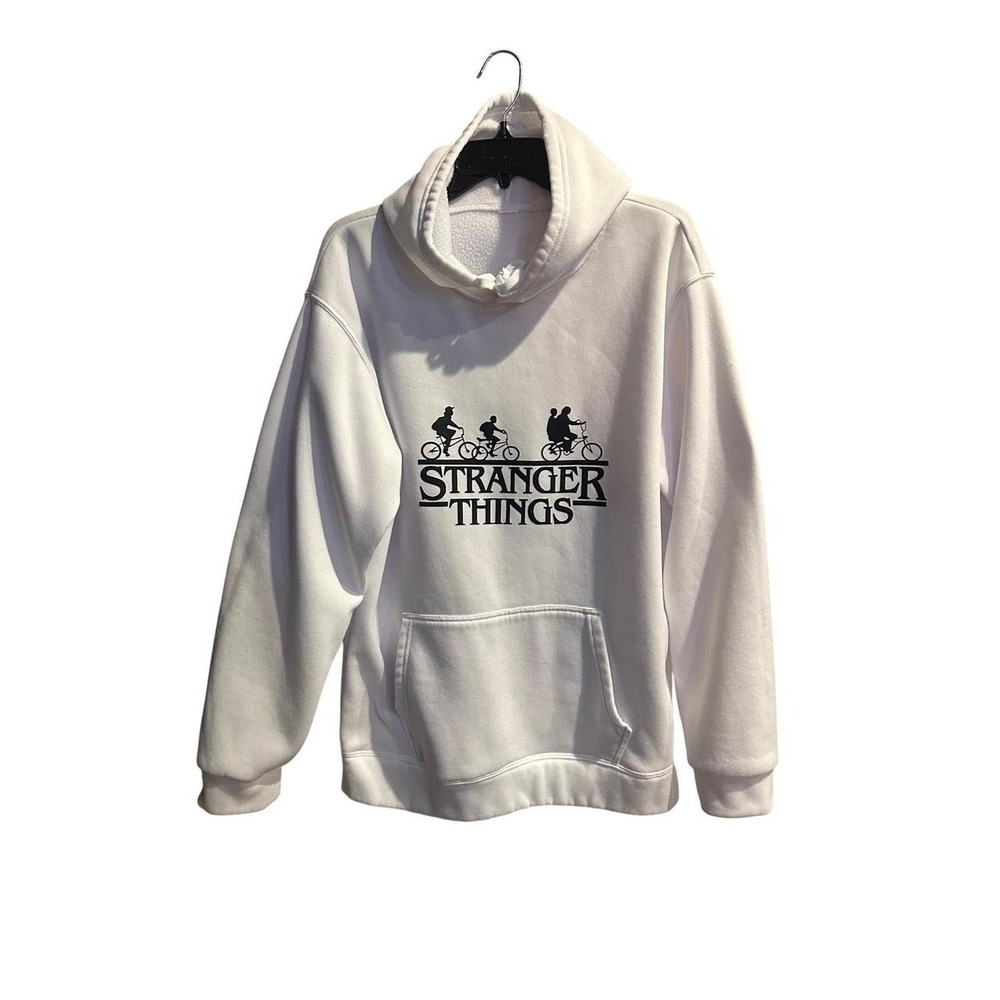 Stranger Things Graphic Hoodie White Pullover Bike Silhouette Netflix Series
